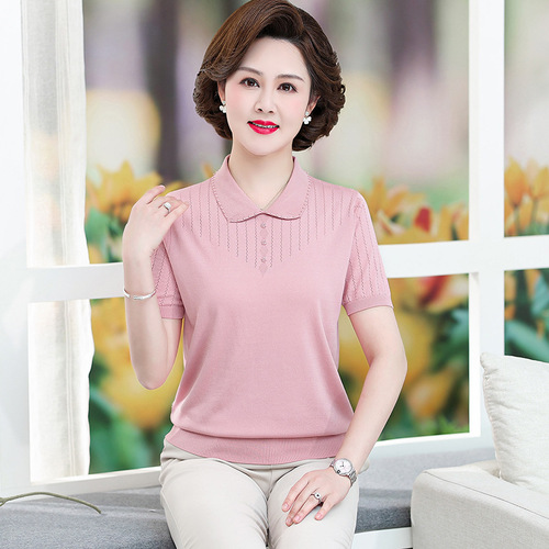 妈妈夏装针织短袖T恤衫中年妇女纯色上衣中老年人洋气翻领打底衫详情18