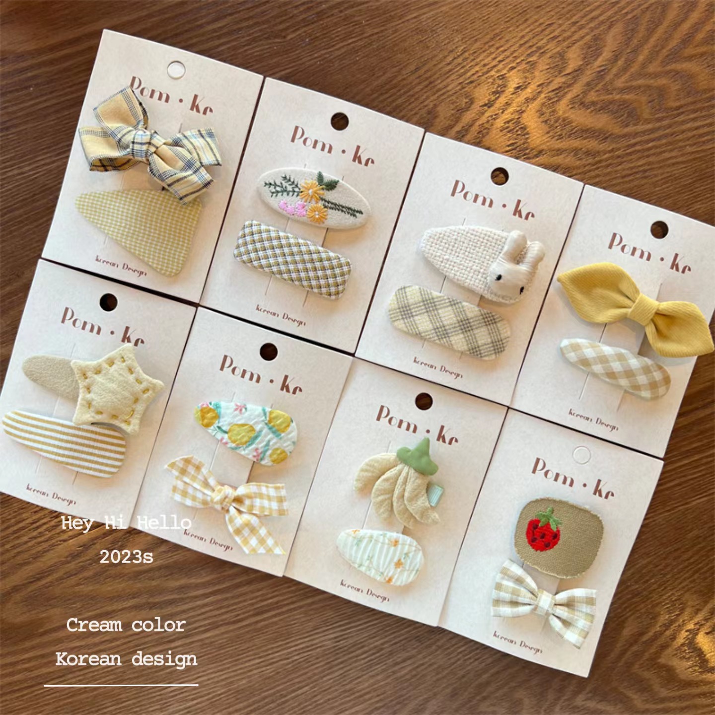 pom.kr 韩国风新款奶油色布艺女童蝴蝶结格子纯色发夹11bb夹创意饰品详情6
