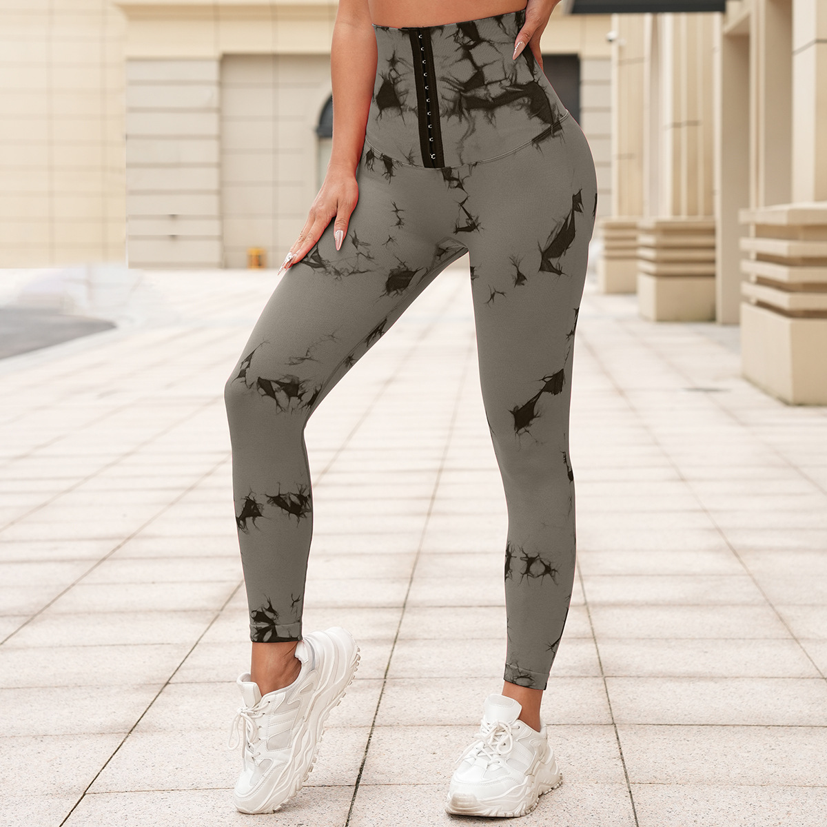 新品无缝扎染瑜伽裤高腰收腹排扣紧身裤提臀健身裤跑步塑身运动裤详情28