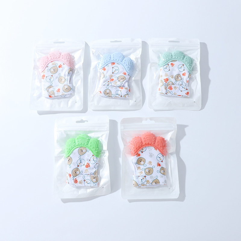 Hermosa impresión de dibujos animados osos guante de silicona dentador juguete de molar para niños dentador de silicona guante tipo molar dental pic 10