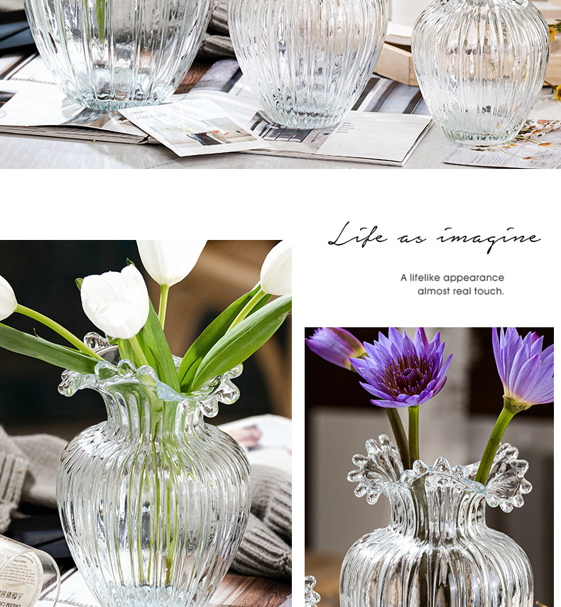Xiaohongshu internet-famous curling edge wavy flower mouth glass vase decoration, Nordic simple and creative flower arrangement, Ins-style home decoration pic 10