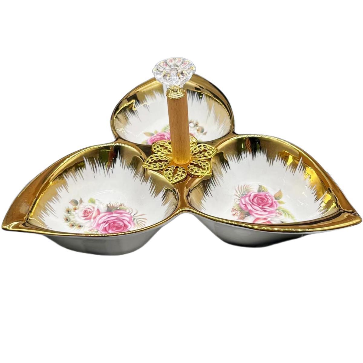 A pure white petal-shaped fruit platter with electroplated gold and multiple compartments, a hand-held restaurant banquet food platter pic 26