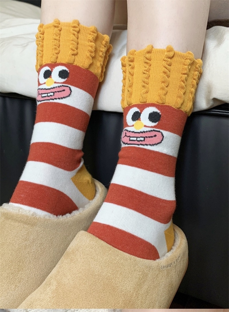 韩国东大门汉堡薯条中筒袜子女搞怪可爱条纹卡通涂鸦袜纯棉堆堆袜详情2