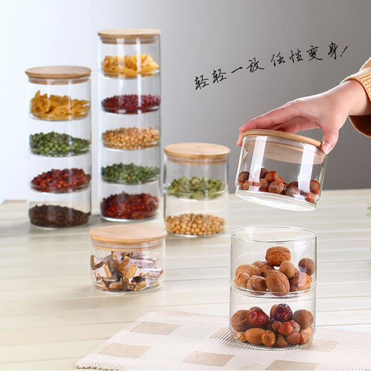 Glass storage tank, combination bamboo lid sealed tank, kitchen food storage, multi-layer storage tank, salad bowl pic 4