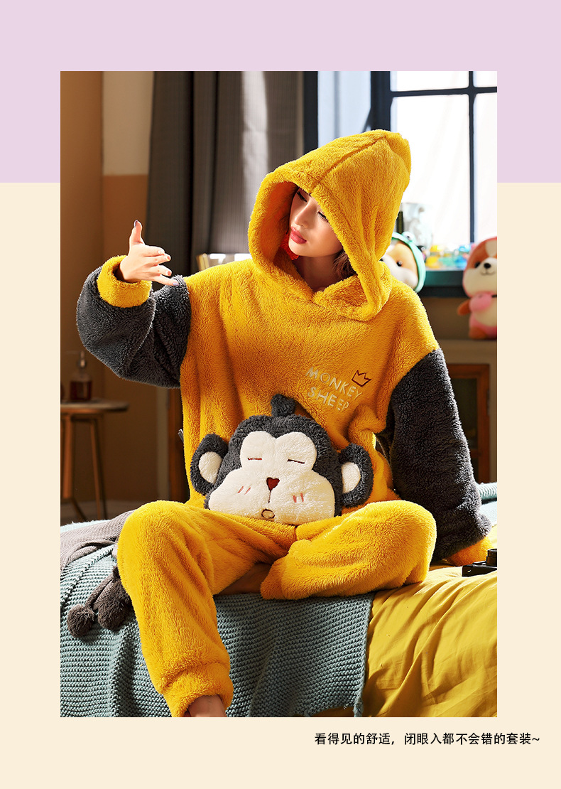 长毛绒冬季卡通情侣加厚加绒睡衣女帽子外穿法兰绒套装男士家居服详情75