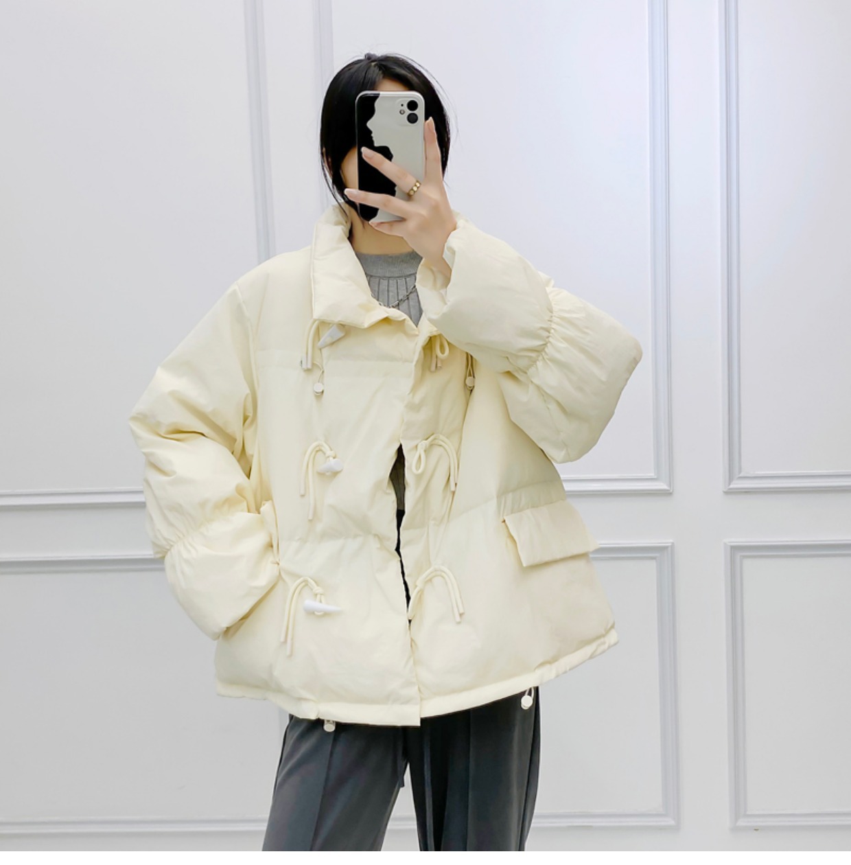 韩系仙女牛角扣羽绒服女洋气短款新款韩版宽松白鸭绒面包服外套潮详情20