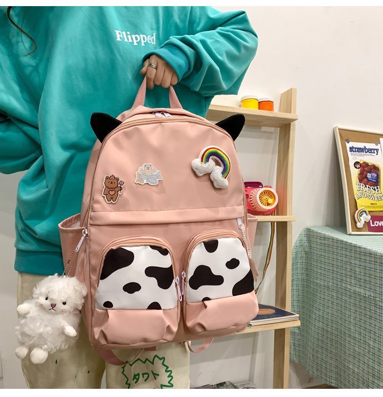 Japanese-style ins campus school style, fresh and cute, cute cow with earbuds, soft girl schoolbag, funny student backpack pic 18