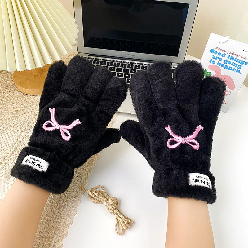 五指蝴蝶结手套女冬天加绒加厚保暖可爱分指冬季学生骑车开车围巾详情8