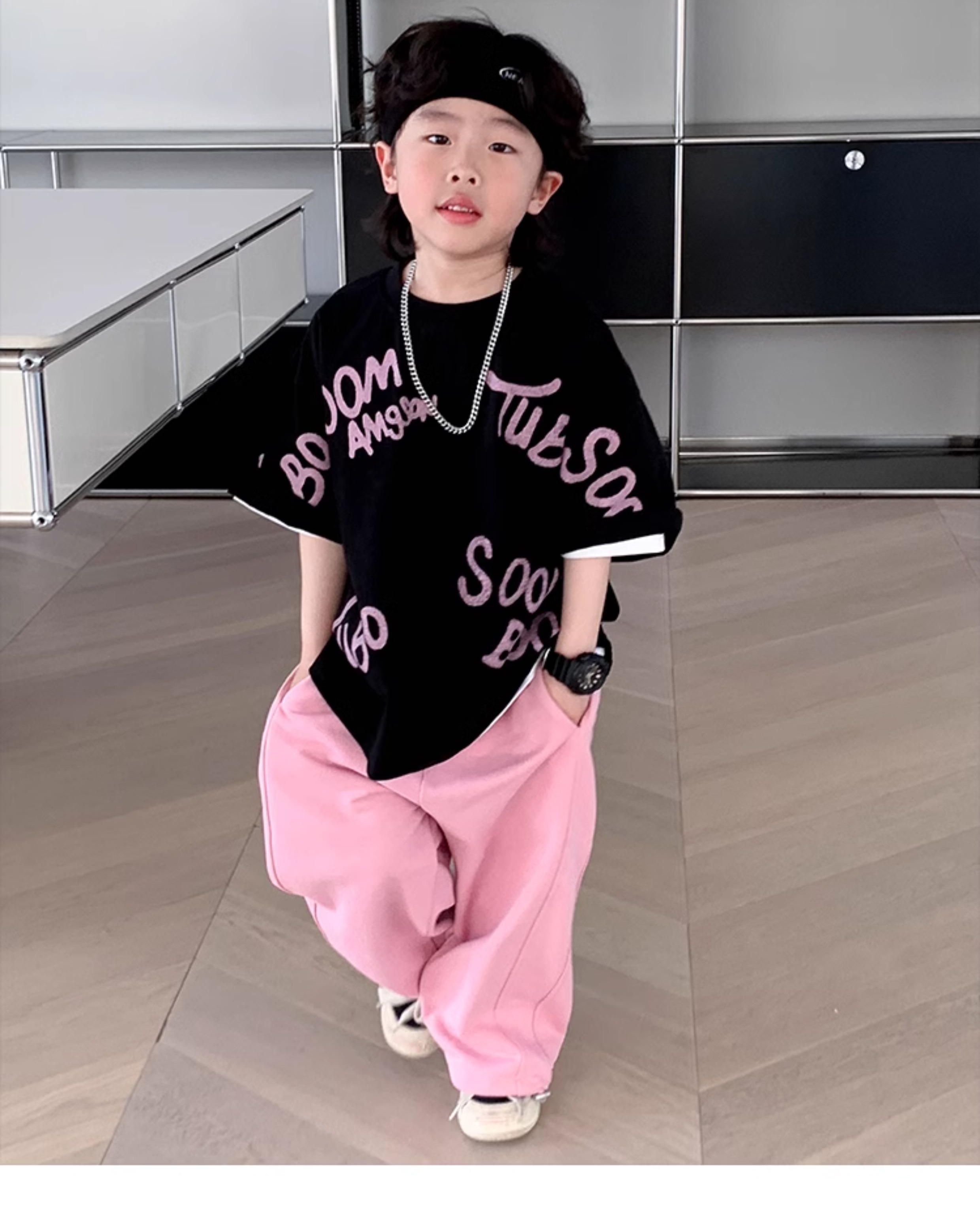 小小郑童装儿童夏装中大童痞帅棉粉黑字母男童短袖t恤2024新款详情20