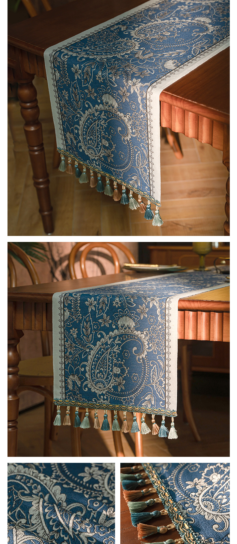 Cool Happiness American retro style, fashionable, simple, elegant and high-end, long tablecloth, colored jacquard, high-end, tassel, home coffee table, tea flag, high-end chest of drawers, table flag pic 43