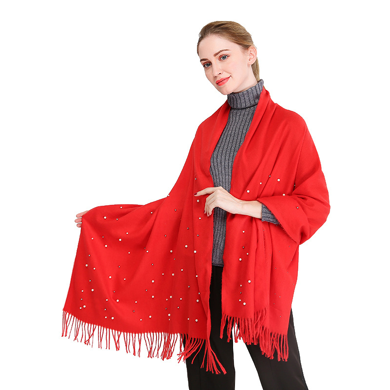 欧美热销 新款秋冬仿羊绒纯色刺毛钉珠披肩加厚保暖流苏女士围巾详情2