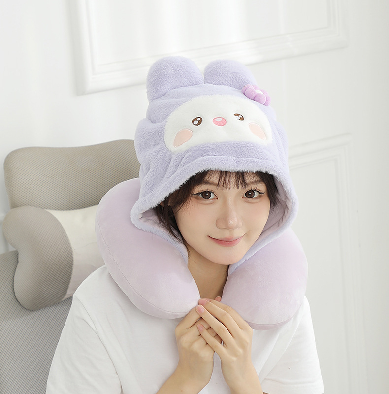 New cartoon hooded U-shaped pillow, plush hooded neck pillow, travel portable neck pillow, soft office nap pillow pic 24