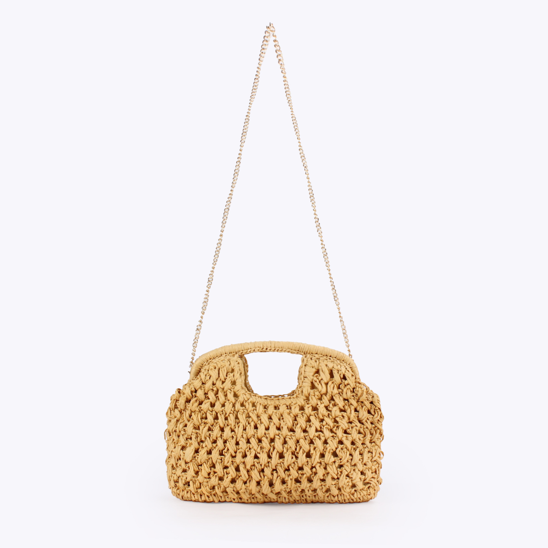 Beige woven bag, golden chain single-shoulder crossbody bag, women's fashionable handbag full image