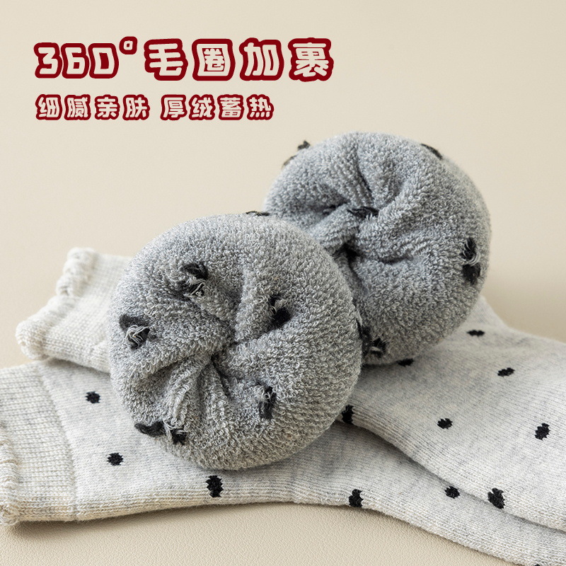 5 pairs of children's socks with fleecy, thickened, black fungus edge polka dot, girls' mid-calf socks, Japanese ballet-style autumn and winter long socks details Picture