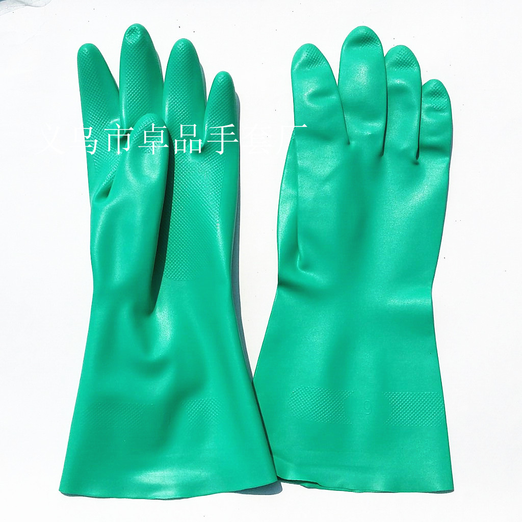 Green nitrile rubber protective acid and alkali resistant industrial gloves, oil-proof chemical thickened durable nitrile labor protection gloves Item Picture