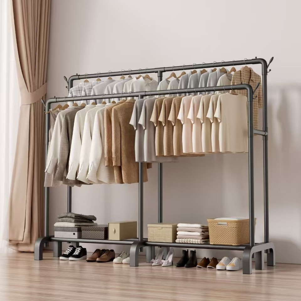 Double-row clothes drying rack, indoor balcony quilt rack, double-bar clothes hook, thickened model, floor-standing