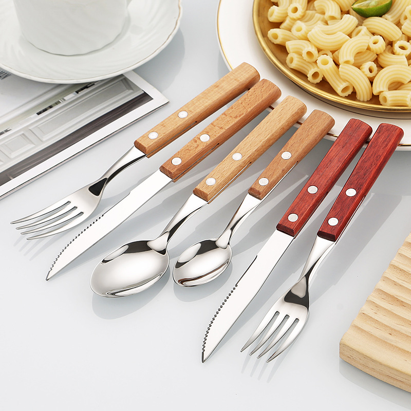 Solid wood 304 stainless steel knife, fork and spoon Japanese-style bright Western tableware, rosewood handle steak knife, fork and spoon four-piece set details Picture