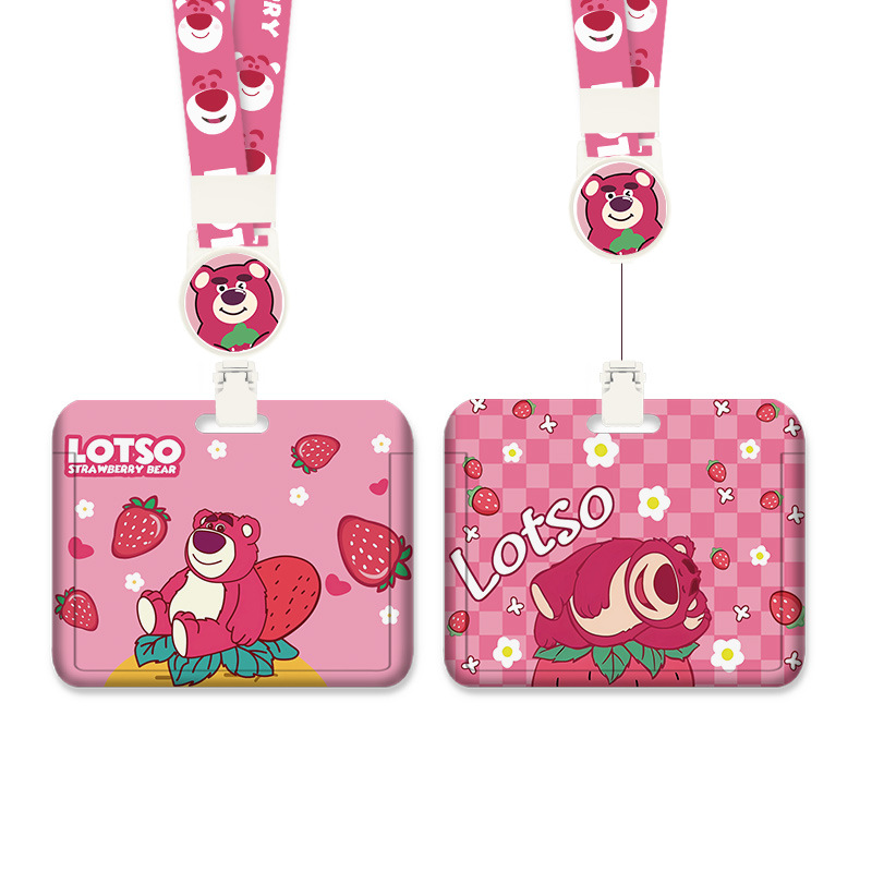 Cute horizontal strawberry bear, telescopic easy-pull buckle, long hanging rope, student bus, subway access control, work ID card, meal card holder Application Scenario