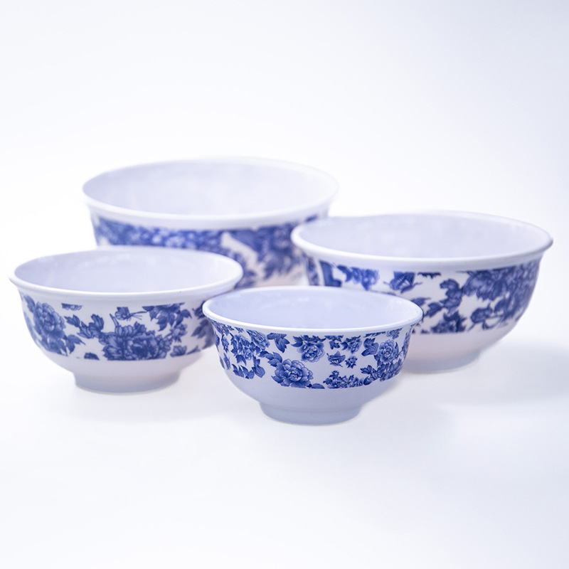Cross-border imitation porcelain creative blue and white porcelain pattern round melamine tableware plate, cold dish plate, plate, hot pot plate, hotel round plate Application Scenario