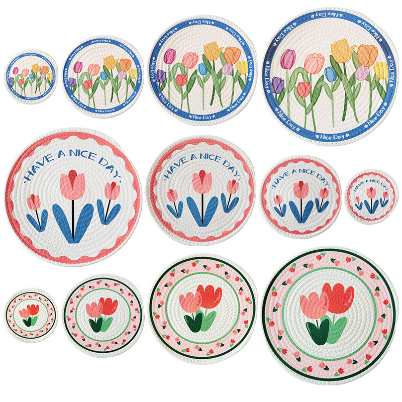 Heat insulation pads, Nordic style tulip print cotton rope heat insulation pads, coasters, Western placemats Specification image