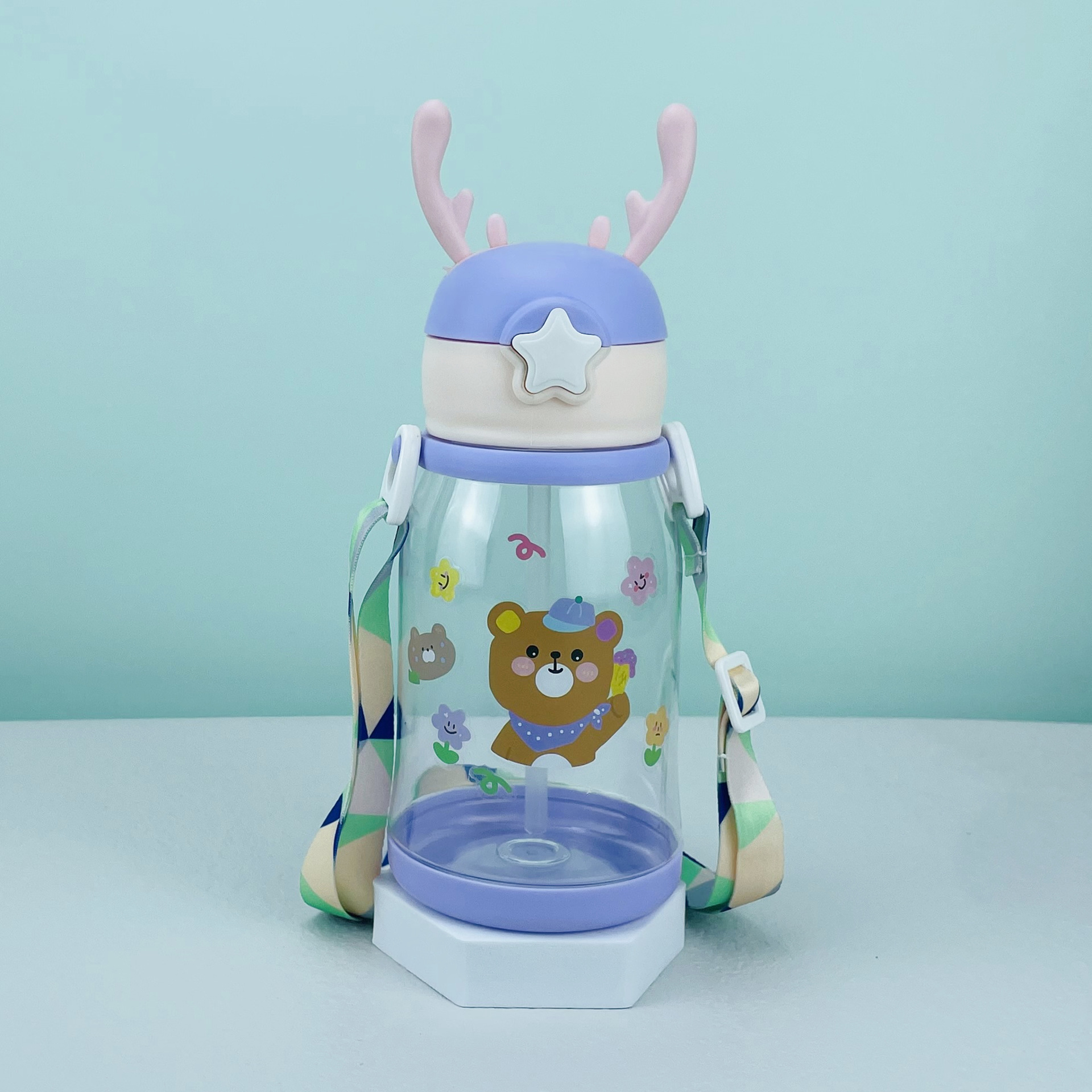 Nuevo influencer dibujos animados copa de agua portátil a prueba de caídas para niños de gran capacidad cuerno de ciervos plástico regalo de estudiante copa de pajita al por mayor details Picture