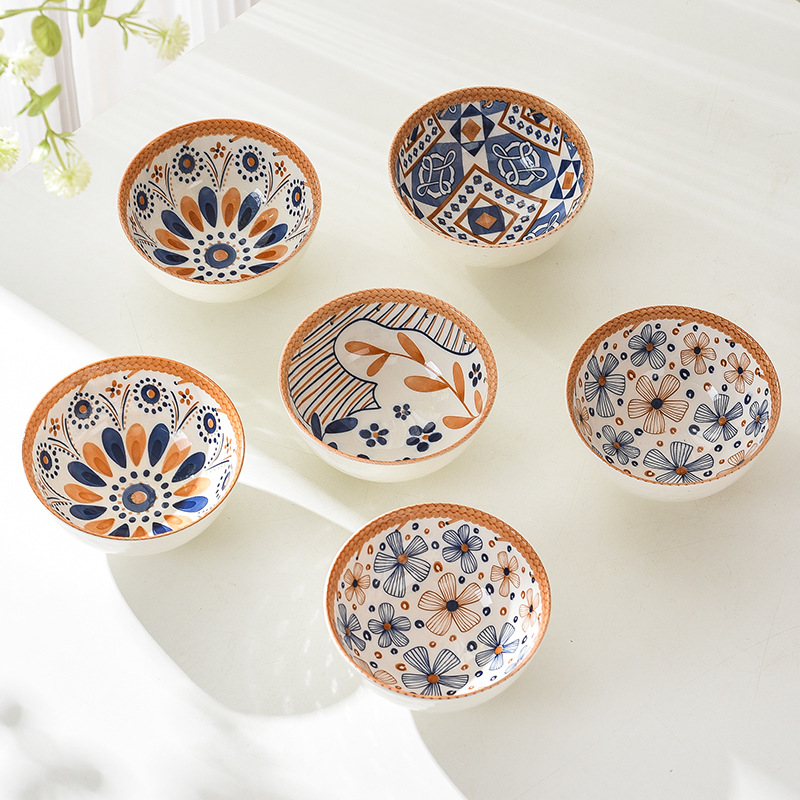 Bamboo weaving bowl and plate sets, Japanese ceramic bowl and plate sets, home rice bowls, opening small gifts, tableware gift sets Specification image