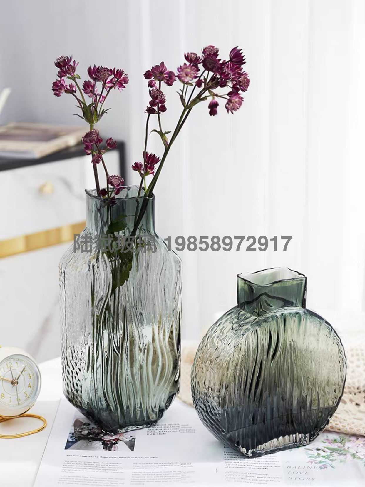 现代创意轻奢玻璃花瓶摆件水波纹水培插花花器客厅餐桌装饰品摆设