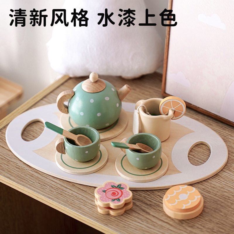 跨境新品儿童过家家下午茶甜品蛋糕售卖泡茶壶杯茶具套装木制玩具细节图