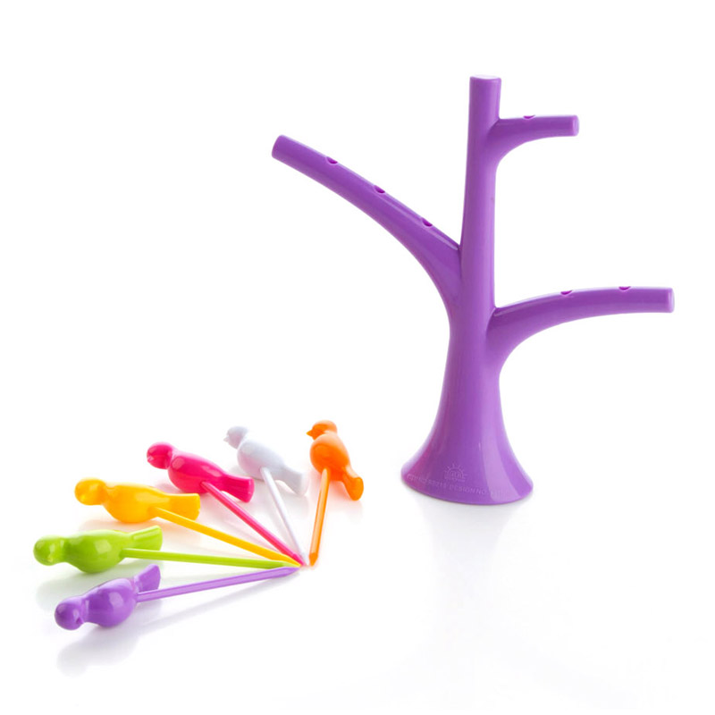 创意时尚水果叉超可爱 塑料水果签树梢支架小鸟水果叉