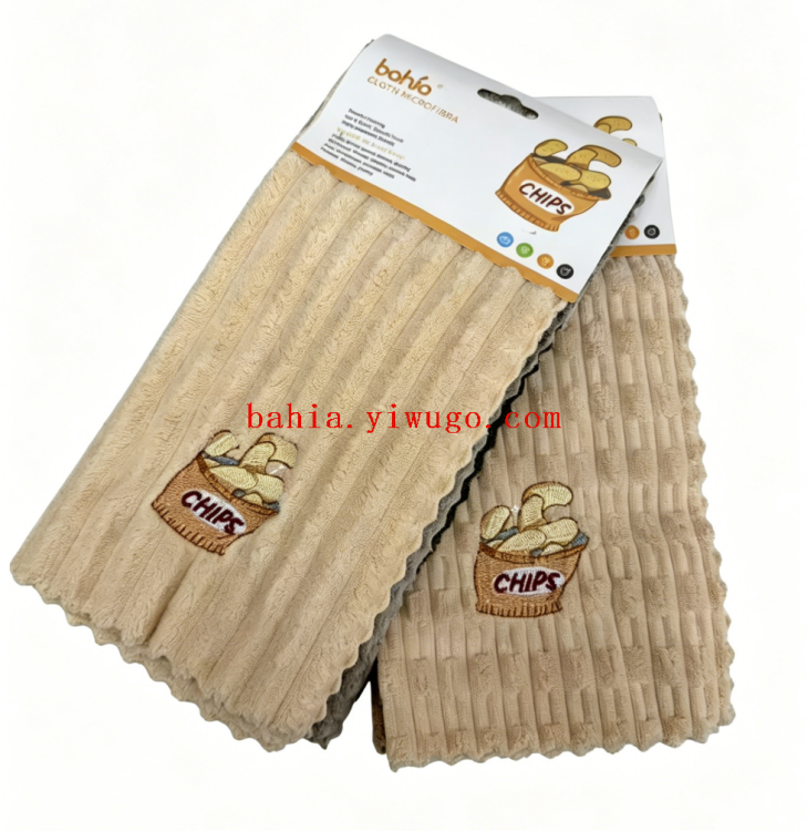 Embroidered French fries towel with a grid design, 30*30cm, guest bedroom and tea room cleaning towel