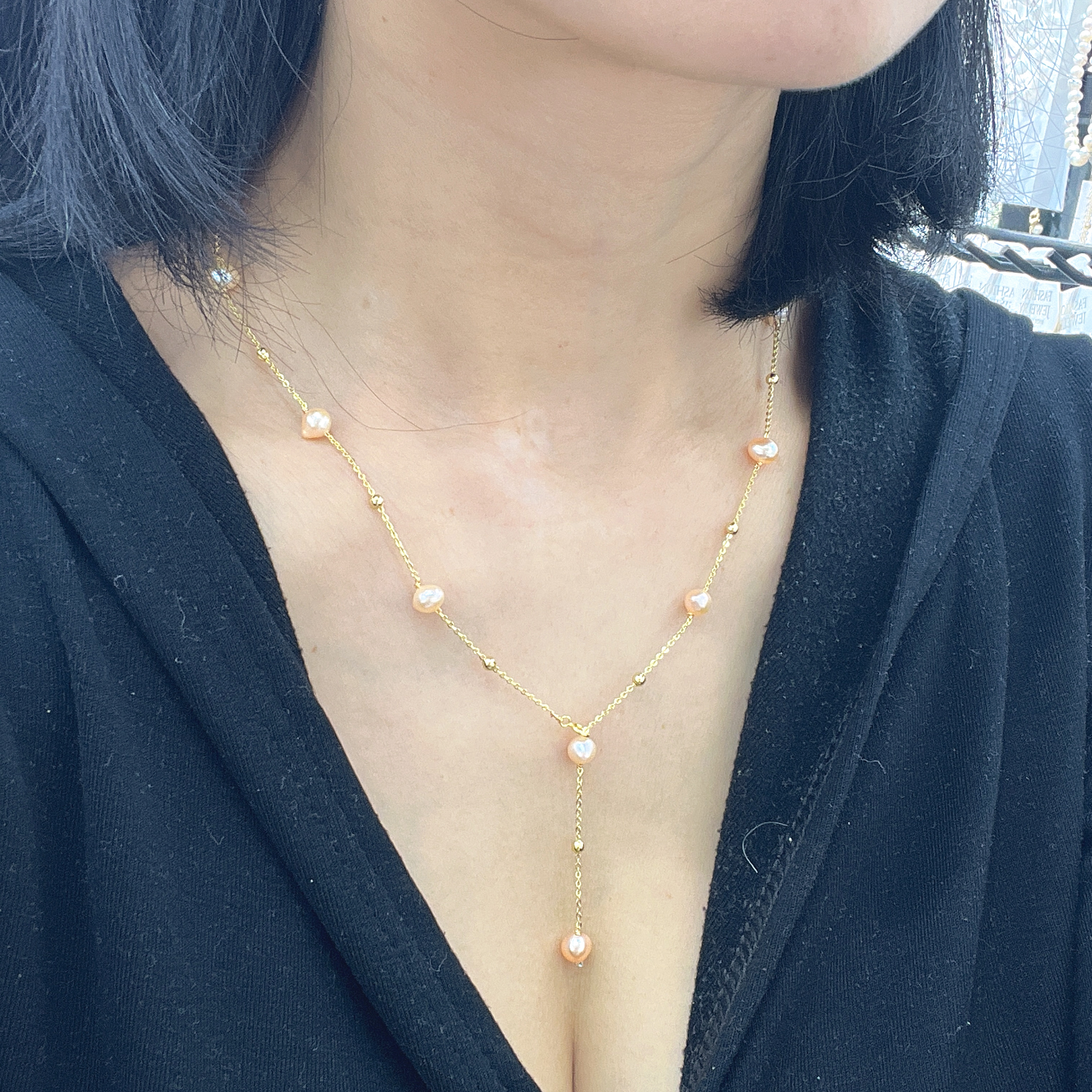 Yunyi Jewelry's freshwater pearl pink necklace, starry sky sweater chain, real pearl silver buckle, multiple wearing methods and effects details Picture