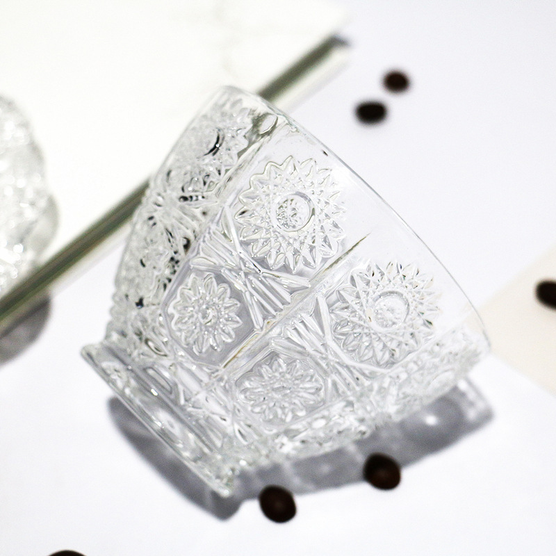 Wholesale of European retro embossed gold edge amber breakfast cups, coffee cups, water cups and glass cup sets details Picture