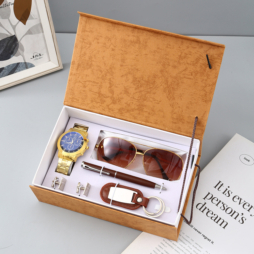 Father's Day gift set for men: Quartz watch, sunglasses, ballpoint pen, keychain, business box set Item Picture