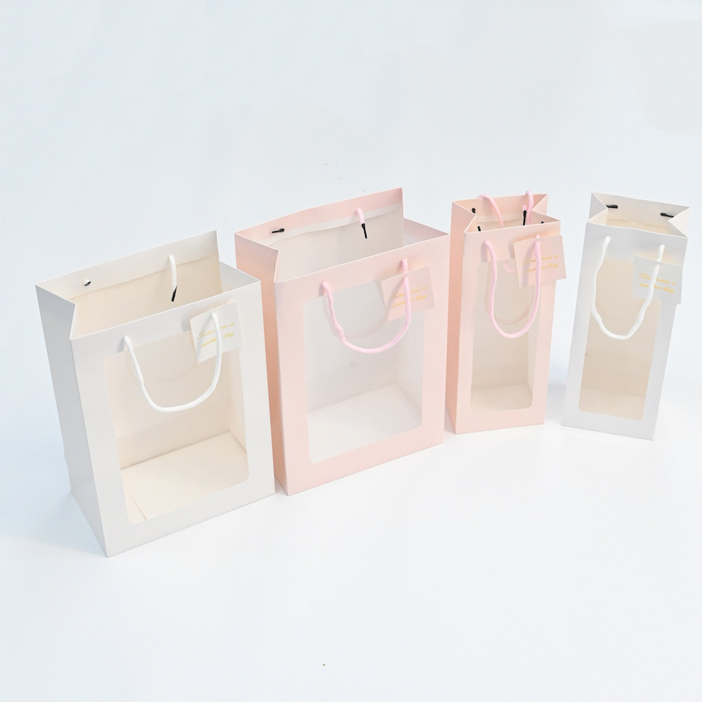 New white cardstock waterproof solid color windowed square flower handbag, paper bag, flower pot, cake baking gift packaging