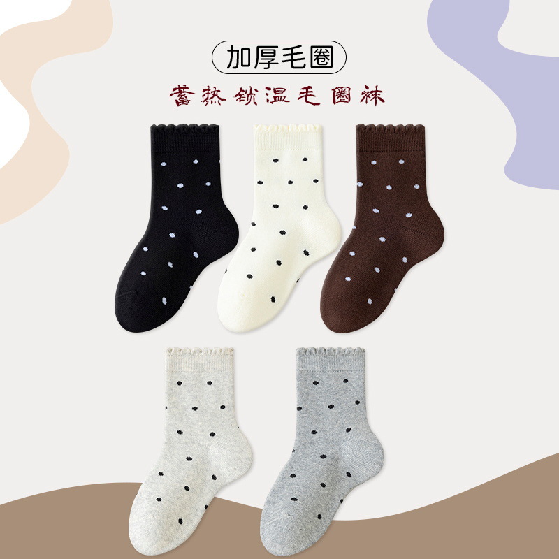 5 pairs of children's socks with fleecy, thickened, black fungus edge polka dot, girls' mid-calf socks, Japanese ballet-style autumn and winter long socks Item Picture