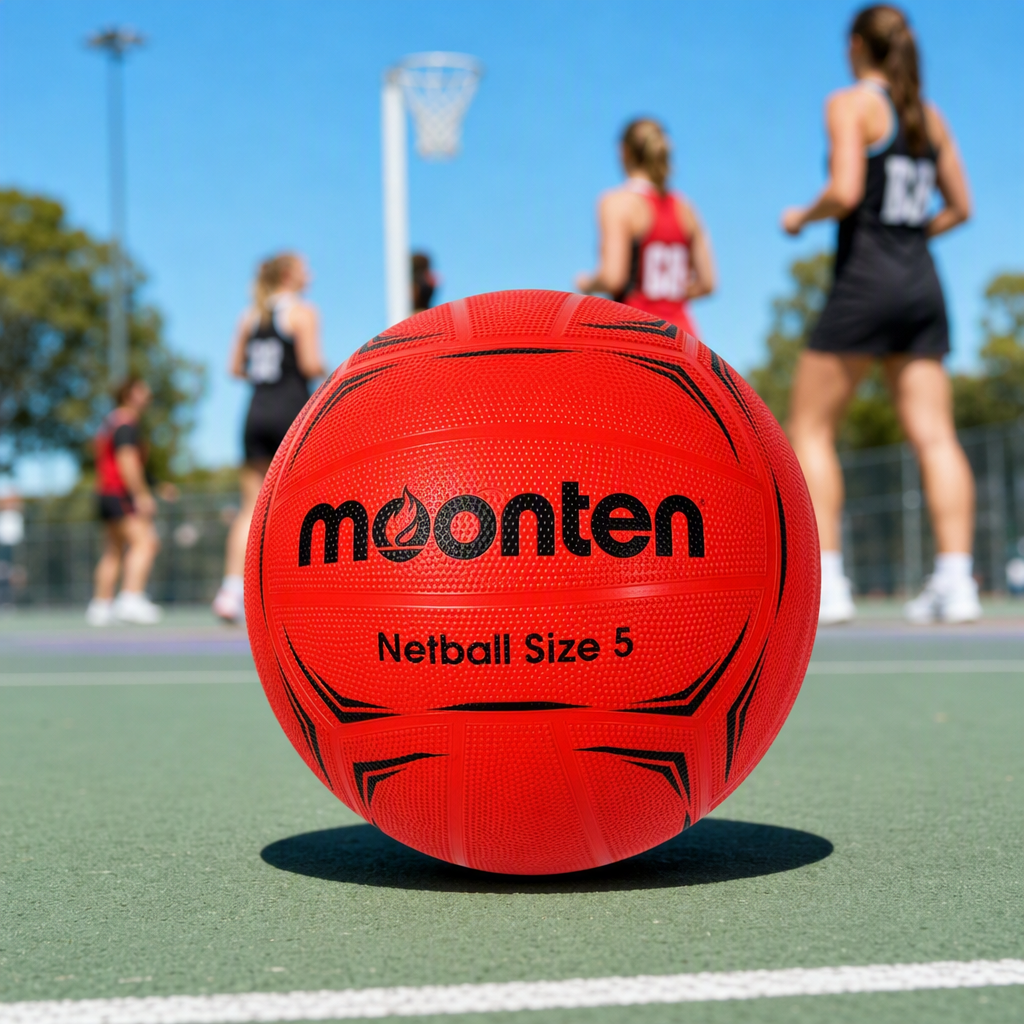The orange-red No. 5 netball is marked with black patterns on its surface. It has a size of five and is suitable for training and competitions
