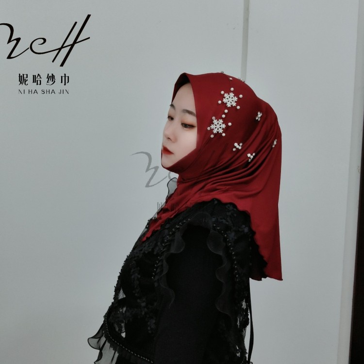 妮哈纱巾雪花烫钻套头巾回族Hijab穆斯林头巾春夏款透气舒适面料