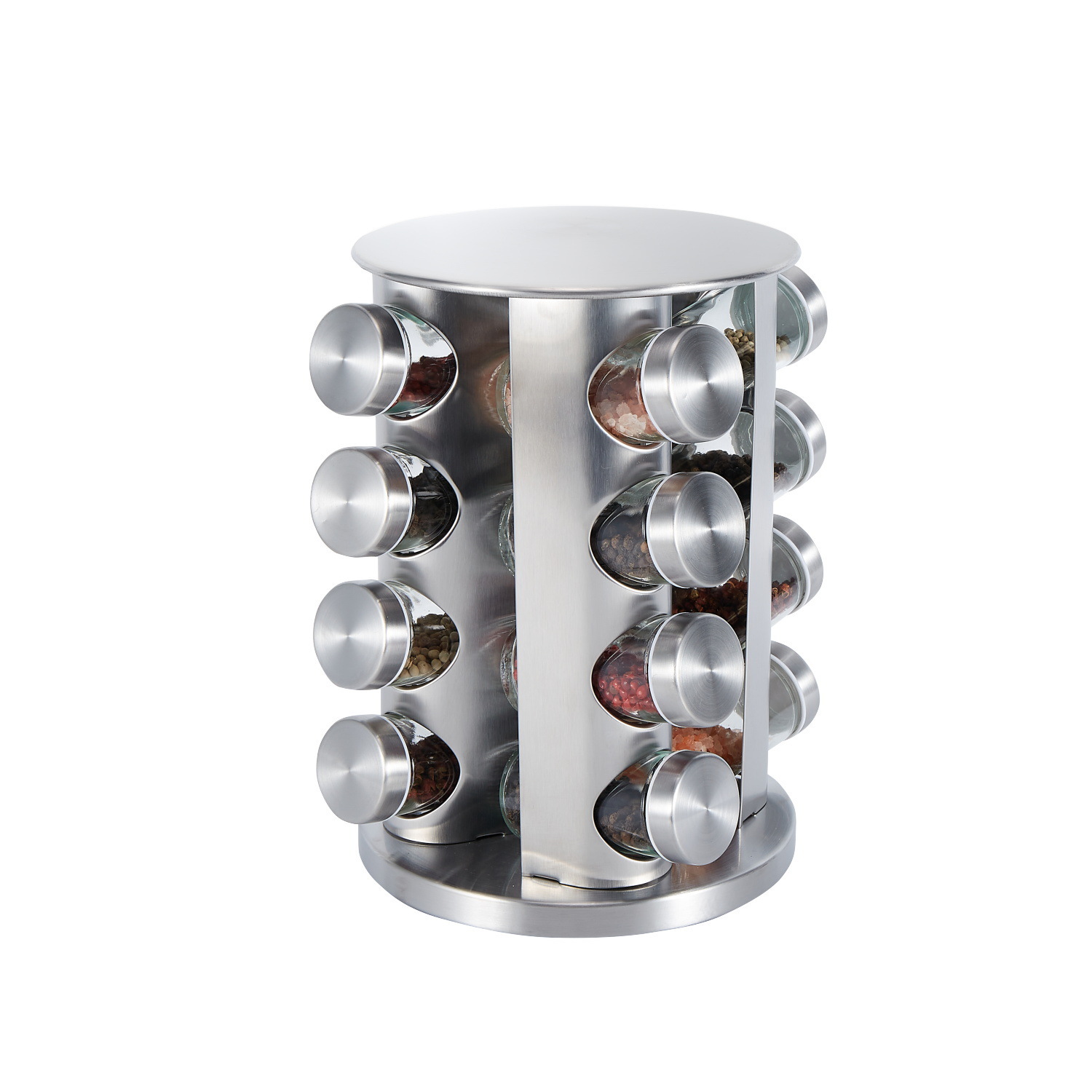 Cross-border 360-degree rotating spice rack, food-grade glass spice bottle, round spice jar, stainless steel set spice rack details Picture