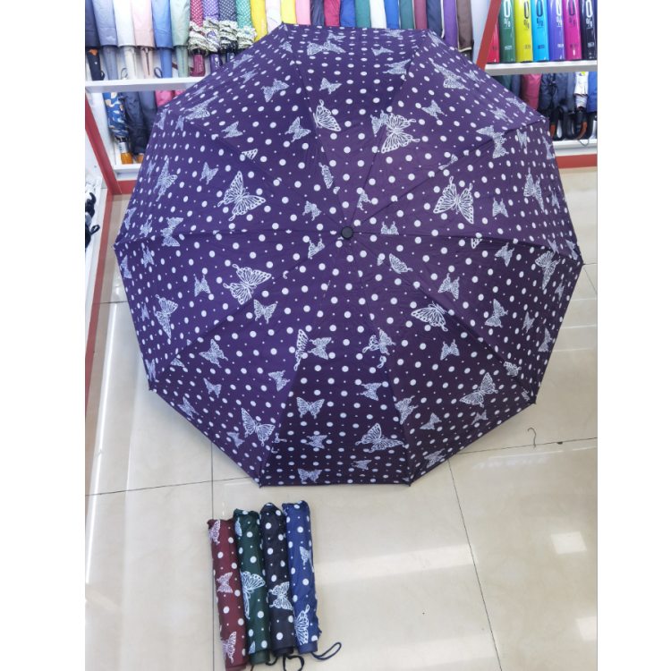 New three-fold umbrella, folding hand-opening portable umbrella, black plastic butterfly polka dot pattern umbrella, enlarged and thickened sunshade umbrella Item Picture