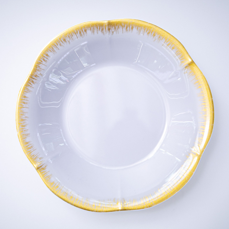 Wholesale of golden imitation porcelain round plates, melamine tableware, plastic plates, buffet Western plates, household and commercial round plates Item Picture