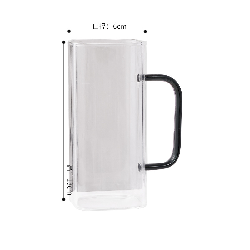 Heat-resistant square glass cups with colored handles, universal juice cups, household transparent cups, high borosilicate glass water cups Item Picture