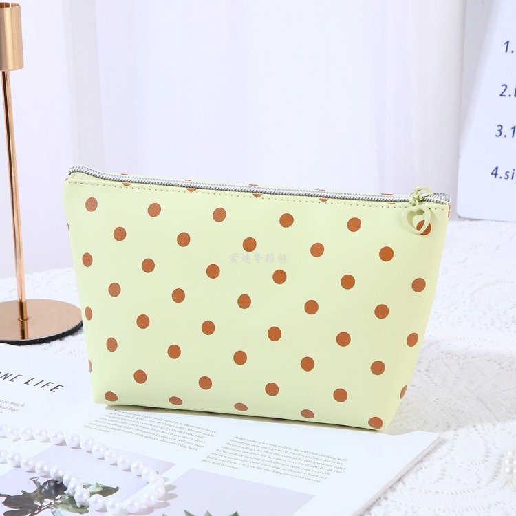 Polka dot trapezoidal hexagonal cosmetic bag for women, large-capacity waterproof PU storage bag, portable travel skin care and cosmetic storage bag, candy color Specification image