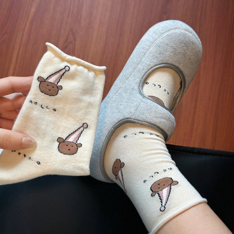 Korean soft and fluffy rolled-up socks for women, spring and summer style, fully printed cartoon, cute boneless pile socks, versatile mid-calf socks for outerwear Item Picture