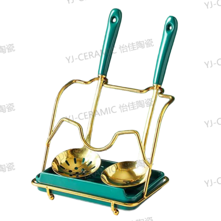 YJ厂家直销陶瓷汤勺带铁架漏勺汤勺组合适合家用酒店简约组合餐具