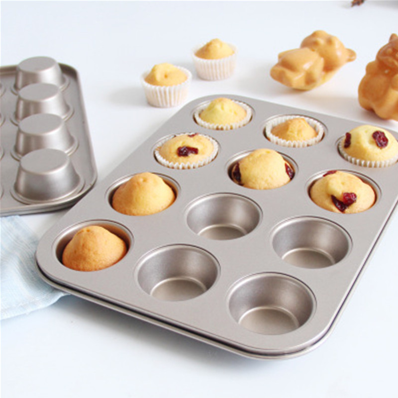Non-stick 6 12-hole cake mold, round flat-bottom muffin cup, baking tray, home oven baking mold, metal products Specification image