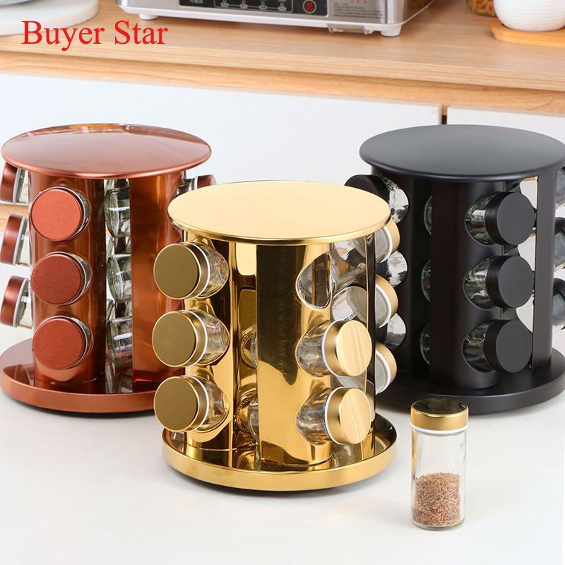 厨房用品12件套旋转调味架  家用立式玻璃密封烧烤佐料收纳调料瓶
