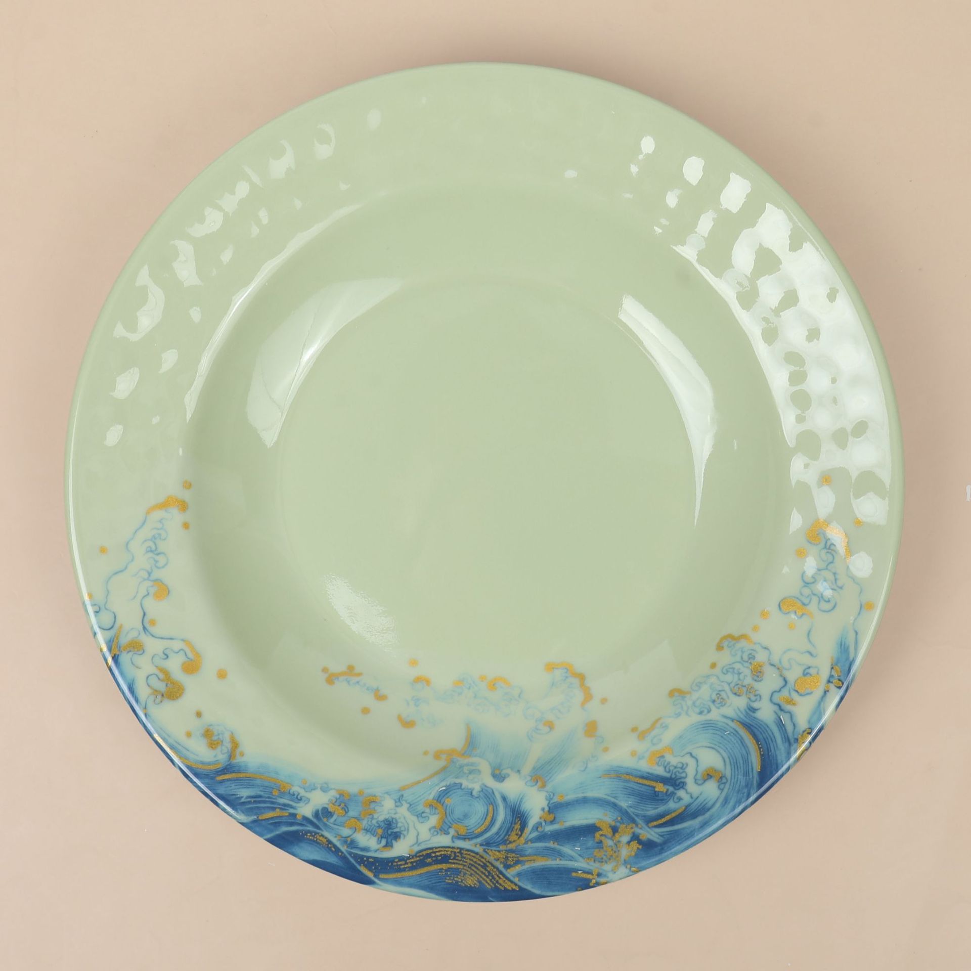 Melamine imitation porcelain tableware, shallow-edge flat plate, durable, green round, Chinese restaurant, hotel, dim sum, fruit plate, vegetable plate full figure