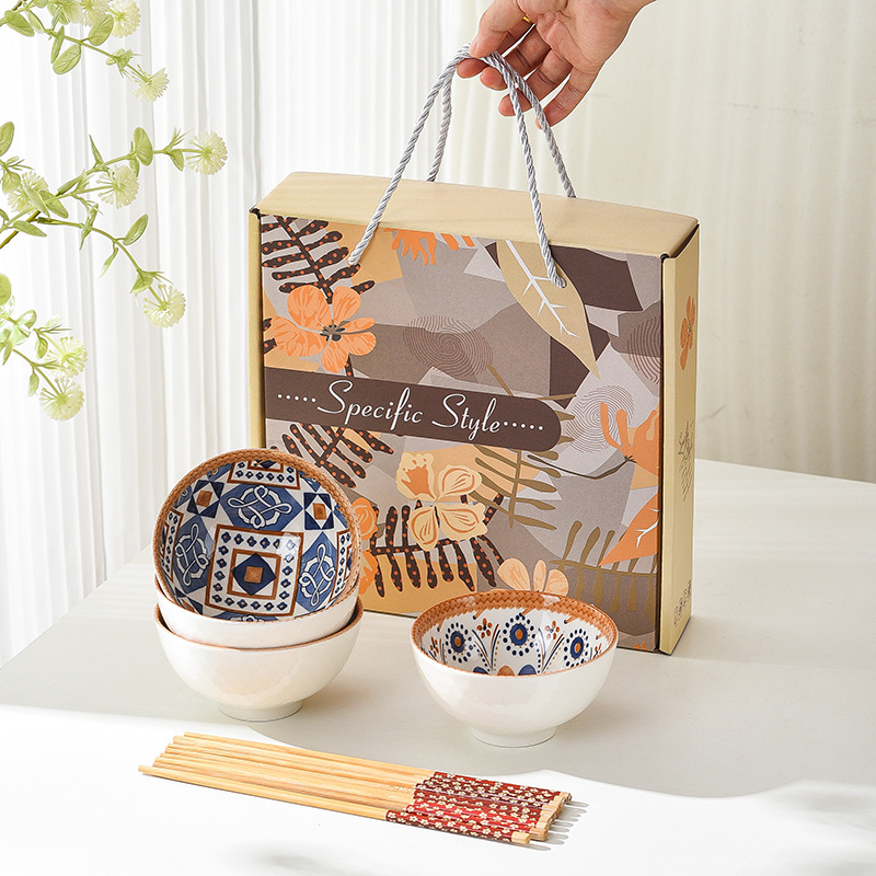 Bamboo weaving bowl and plate sets, Japanese ceramic bowl and plate sets, home rice bowls, opening small gifts, tableware gift sets