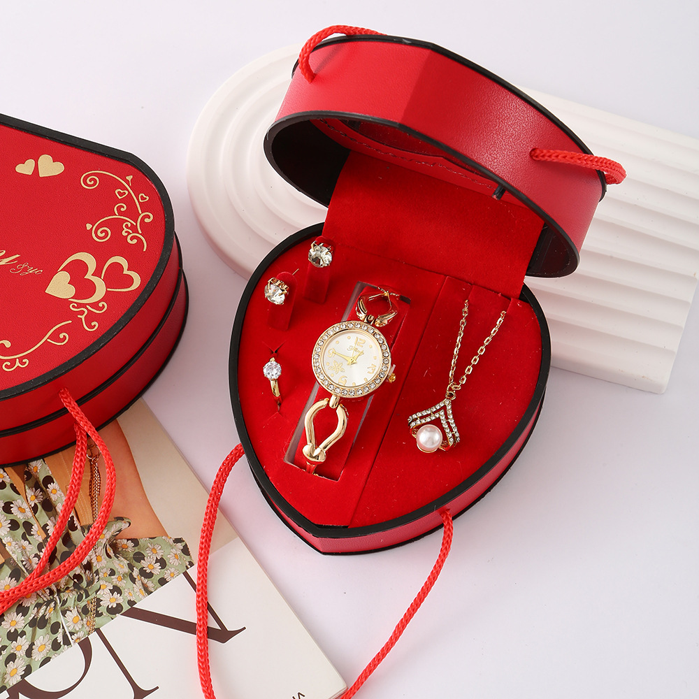Cross-border Qixi Festival Ladies' gift set: Watch, necklace, stud ring, heart-shaped gift box, Teachers' Day gift set Item Picture