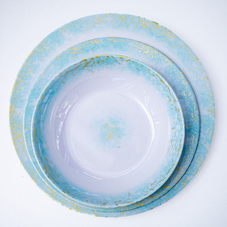 跨境外贸彩色果盘菜盘 酒店家用仿陶瓷质感密胺餐具 圆形菜盘白底实物图